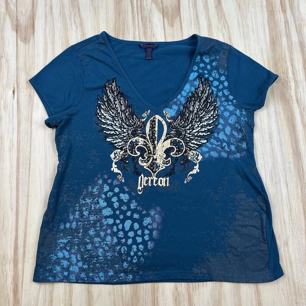 Dereon Women's 2X Y2K Vintage Blue Bling Wings T-Shirt Affliction Style Tee